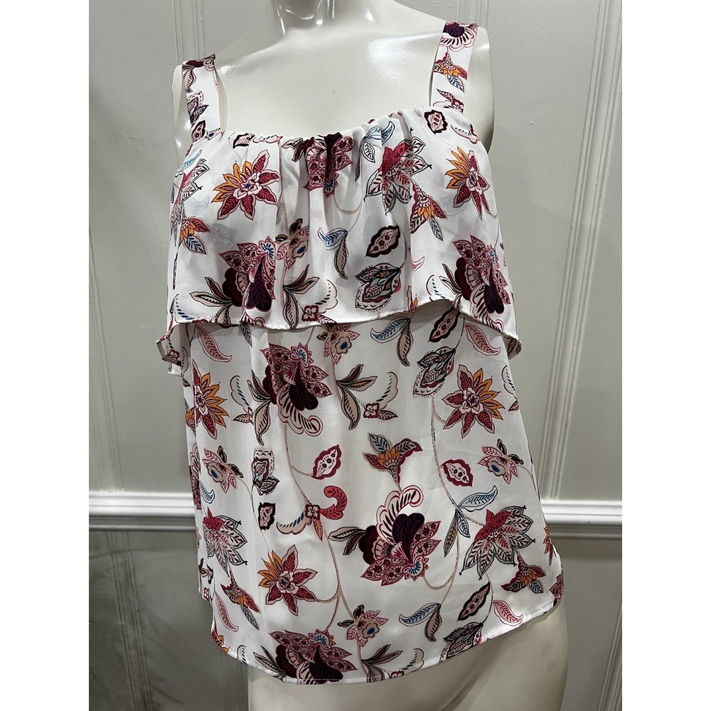 Loft Outlet Women's White Pink Floral Tiered Ruffle Tank Top Blouse S